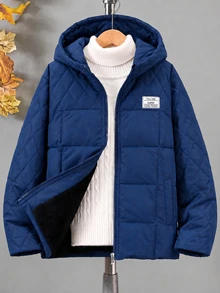SHEIN Tween Boys' Outdoor Sports Warm Minimalist Zipper Solid Color Stain-Resistant Navy Blue Padded Coat - Navy Blue - View 3