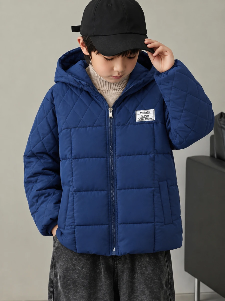 SHEIN Tween Boys' Outdoor Sports Warm Minimalist Zipper Solid Color Stain-Resistant Navy Blue Padded Coat - Navy Blue - View 1