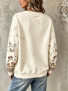 Selamara 萬聖節復古做舊貼花幽靈與南瓜印花衛衣，V領長袖上衣外套，適合秋冬休閒戶外度假旅行派對聚會穿著 - 彩色 - 查看 2