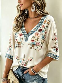 Selamara Plus Size Women's Floral Print Casual Versatile Daily Wear Top Fall - Multicolor - View 4