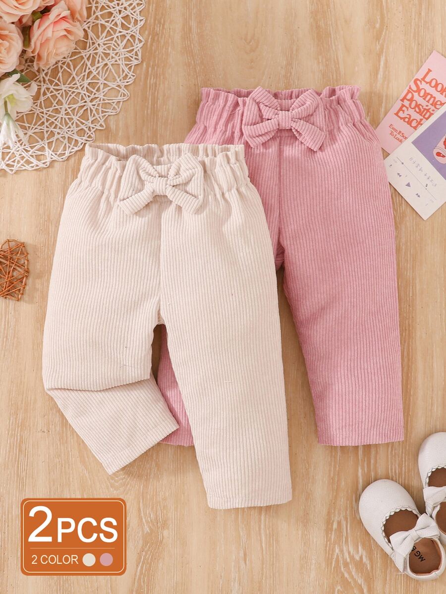 SHEIN Vintaside Kids 女嬰時尚燈芯絨蝴蝶結長褲，休閒可愛女嬰長褲，適合春季、秋季、四季、秋冬、學校假期，白色粉紅色