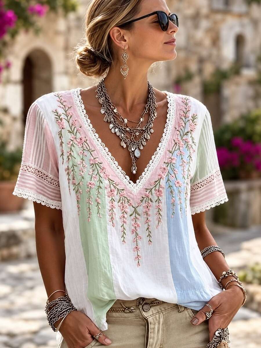 Selamara Women's Fashion Lace Patchwork Positioned Pattern Floral Print Short Sleeve V-Neck Top - Multicolor - View 1