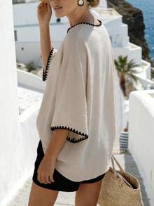 Selamara Plus Size Women's Contrast Trim Casual Versatile Everyday Outing Top - Apricot - View 2