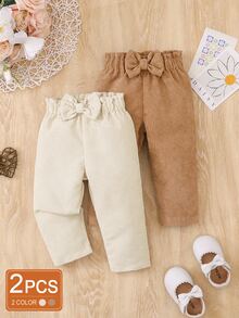 SHEIN Vintaside Kids 女嬰燈芯絨長褲蝴蝶結裝飾，春秋/秋冬居家度假款，奶油白與棕色 - 彩色 - 查看 2