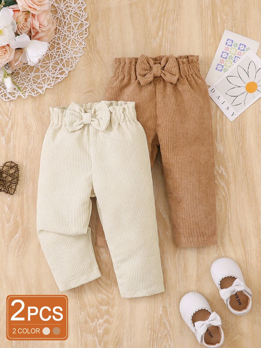 SHEIN Vintaside Kids 女嬰燈芯絨長褲蝴蝶結裝飾，春秋/秋冬居家度假款，奶油白與棕色