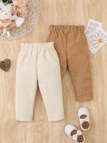SHEIN Vintaside Kids 女嬰燈芯絨長褲蝴蝶結裝飾，春秋/秋冬居家度假款，奶油白與棕色 - 彩色 - 查看 3
