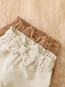 SHEIN Vintaside Kids 女嬰燈芯絨長褲蝴蝶結裝飾，春秋/秋冬居家度假款，奶油白與棕色 - 彩色 - 查看 4