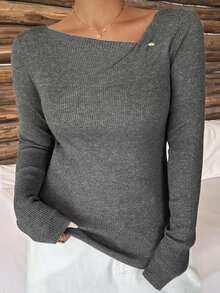 Dazy Plus Solid Color Fitted Elegant Casual Commute Base Layer Long Sleeve Pullover Sweater, Autumn/Winter New Style - Dark Grey - View 7