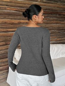 Dazy Plus Solid Color Fitted Elegant Casual Commute Base Layer Long Sleeve Pullover Sweater, Autumn/Winter New Style - Dark Grey - View 2