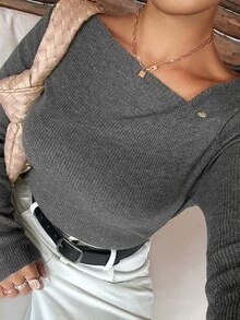 Dazy Plus Solid Color Fitted Elegant Casual Commute Base Layer Long Sleeve Pullover Sweater, Autumn/Winter New Style - Dark Grey - View 5