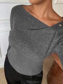 Dazy Plus Solid Color Fitted Elegant Casual Commute Base Layer Long Sleeve Pullover Sweater, Autumn/Winter New Style - Dark Grey - View 1