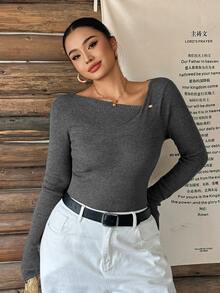 Dazy Plus Solid Color Fitted Elegant Casual Commute Base Layer Long Sleeve Pullover Sweater, Autumn/Winter New Style - Dark Grey - View 3