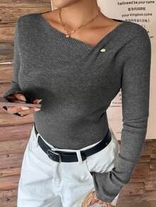 Dazy Plus Solid Color Fitted Elegant Casual Commute Base Layer Long Sleeve Pullover Sweater, Autumn/Winter New Style - Dark Grey - View 6