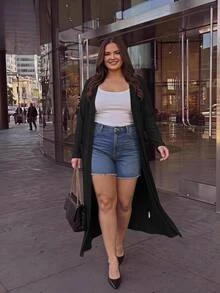 SHEIN CURVE+ Jaket Lengan Panjang Wanita Ukuran Besar Warna Polos Kasual Elegan Cerdas Serbaguna untuk Pakaian Sehari-hari Musim Gugur Formal Liburan Klub Hitam - Hitam - View 6