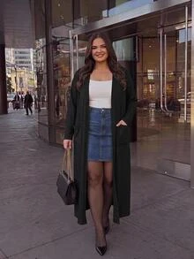 SHEIN CURVE+ Jaket Lengan Panjang Wanita Ukuran Besar Warna Polos Kasual Elegan Cerdas Serbaguna untuk Pakaian Sehari-hari Musim Gugur Formal Liburan Klub Hitam - Hitam - View 4