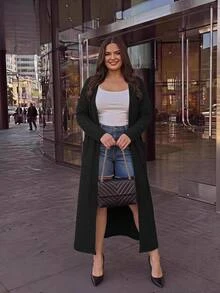 SHEIN CURVE+ Jaket Lengan Panjang Wanita Ukuran Besar Warna Polos Kasual Elegan Cerdas Serbaguna untuk Pakaian Sehari-hari Musim Gugur Formal Liburan Klub Hitam - Hitam - View 5