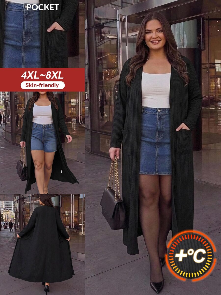 SHEIN CURVE+ Jaket Lengan Panjang Wanita Ukuran Besar Warna Polos Kasual Elegan Cerdas Serbaguna untuk Pakaian Sehari-hari Musim Gugur Formal Liburan Klub Hitam - Hitam - View 1