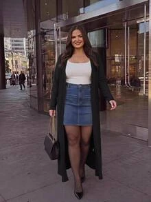 SHEIN CURVE+ Jaket Lengan Panjang Wanita Ukuran Besar Warna Polos Kasual Elegan Cerdas Serbaguna untuk Pakaian Sehari-hari Musim Gugur Formal Liburan Klub Hitam - Hitam - View 2