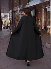 SHEIN CURVE+ Jaket Lengan Panjang Wanita Ukuran Besar Warna Polos Kasual Elegan Cerdas Serbaguna untuk Pakaian Sehari-hari Musim Gugur Formal Liburan Klub Hitam - Hitam - View 8