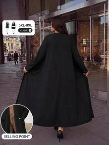 SHEIN CURVE+ Jaket Lengan Panjang Wanita Ukuran Besar Warna Polos Kasual Elegan Cerdas Serbaguna untuk Pakaian Sehari-hari Musim Gugur Formal Liburan Klub Hitam - Hitam - View 7