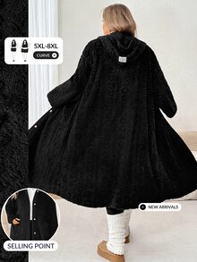 SHEIN CURVE+ Plus Size Solid Black Plush Hooded Long Coat Winter - Black - View 8
