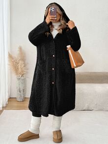 SHEIN CURVE+ Plus Size Solid Black Plush Hooded Long Coat Winter - Black - View 7