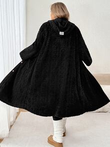 SHEIN CURVE+ Plus Size Solid Black Plush Hooded Long Coat Winter - Black - View 3