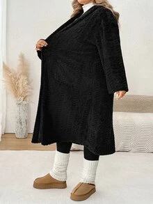SHEIN CURVE+ Plus Size Solid Black Plush Hooded Long Coat Winter - Black - View 6