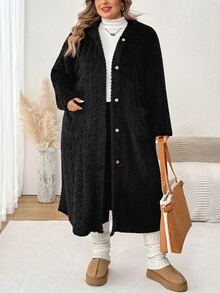 SHEIN CURVE+ Plus Size Solid Black Plush Hooded Long Coat Winter - Black - View 4