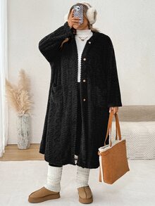 SHEIN CURVE+ Plus Size Solid Black Plush Hooded Long Coat Winter - Black - View 2