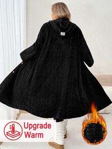 SHEIN CURVE+ Plus Size Solid Black Plush Hooded Long Coat Winter - Black - View 1