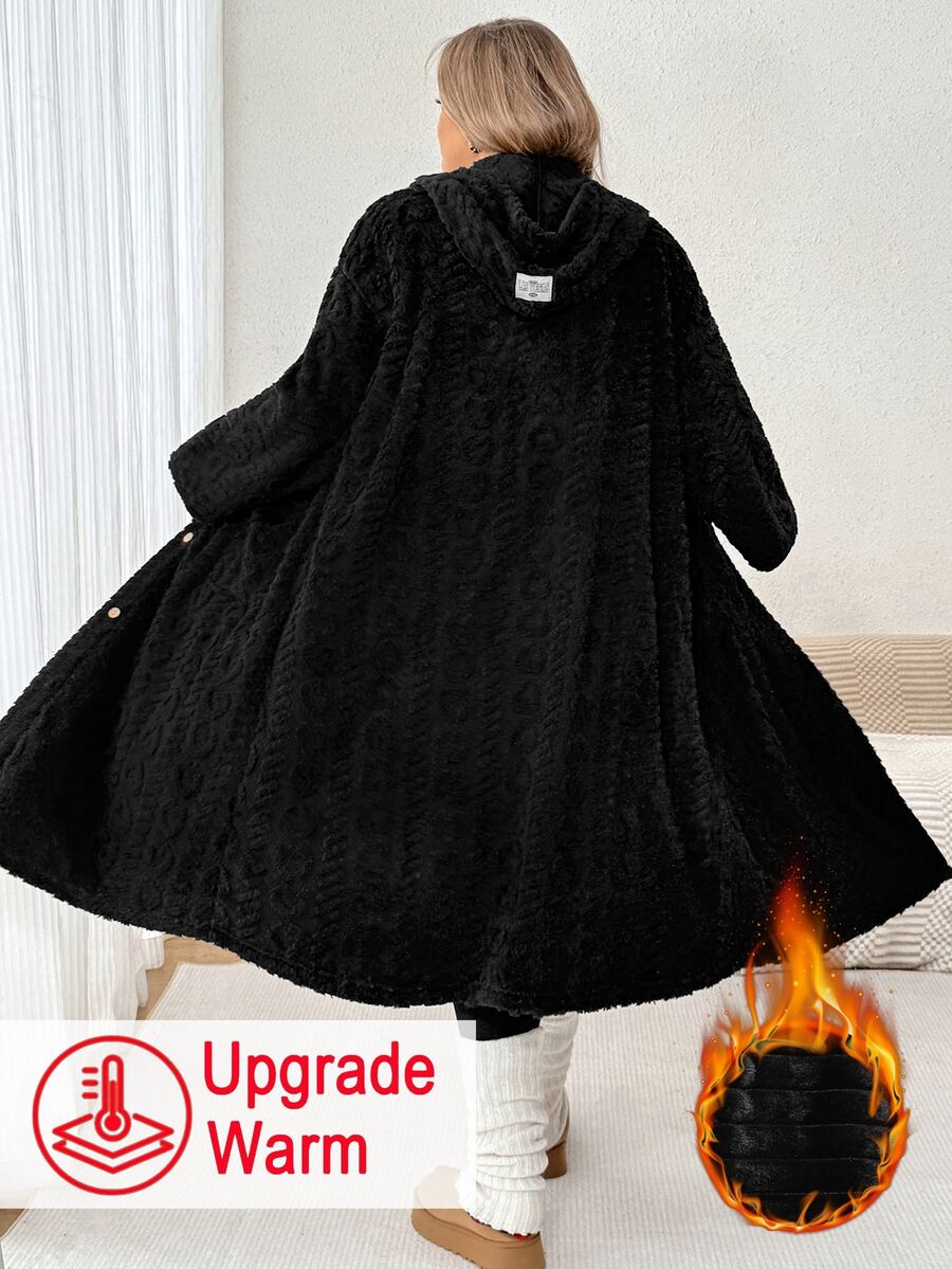 SHEIN CURVE+ Plus Size Solid Black Plush Hooded Long Coat Winter - Black - View 1