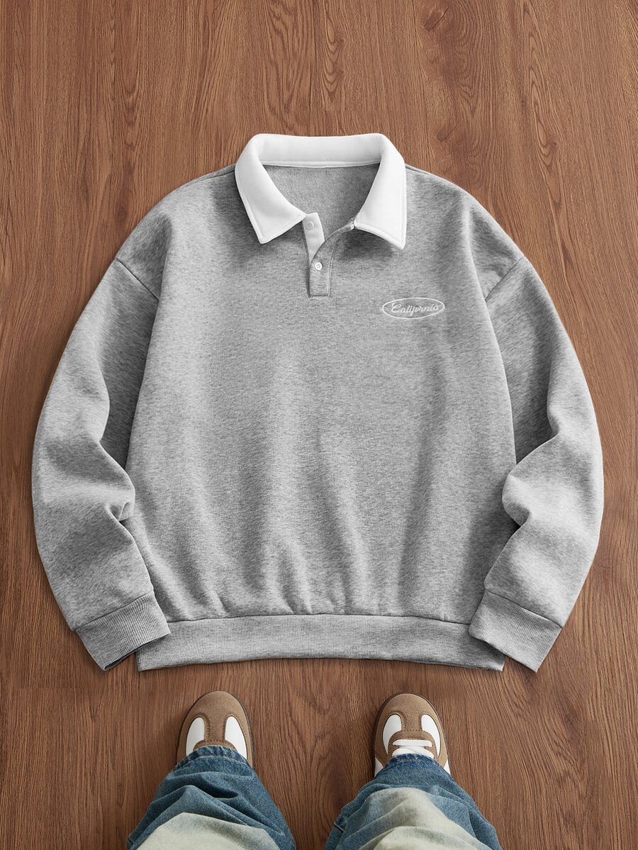 SWAVVY Men's Spring/Autumn Casual Loose Fit POLO Sweatshirt Long Sleeve Standard Size Grey Embroidered Collar - Grey - View 1