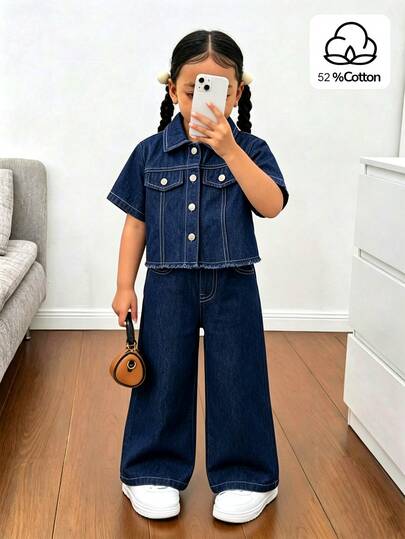 SHEIN Genkimix Kids Girls' Autumn Cotton Washed Versatile Fashion Casual Comfortable Loose Design Elastic Waist Blue Washed Loose Fit Denim Set