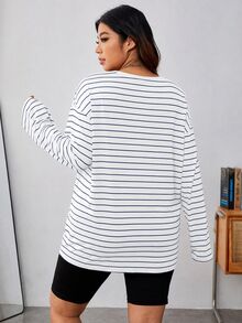 SHEIN EZwear 白色針織條紋圓領長袖T恤 秋季 - 白色 - 查看 2