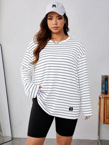 SHEIN EZwear 白色針織條紋圓領長袖T恤 秋季 - 白色 - 查看 3