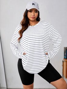 SHEIN EZwear 白色針織條紋圓領長袖T恤 秋季 - 白色 - 查看 6