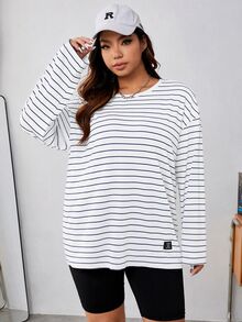 SHEIN EZwear 白色針織條紋圓領長袖T恤 秋季 - 白色 - 查看 4