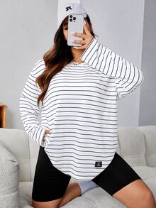 SHEIN EZwear 白色針織條紋圓領長袖T恤 秋季 - 白色 - 查看 1