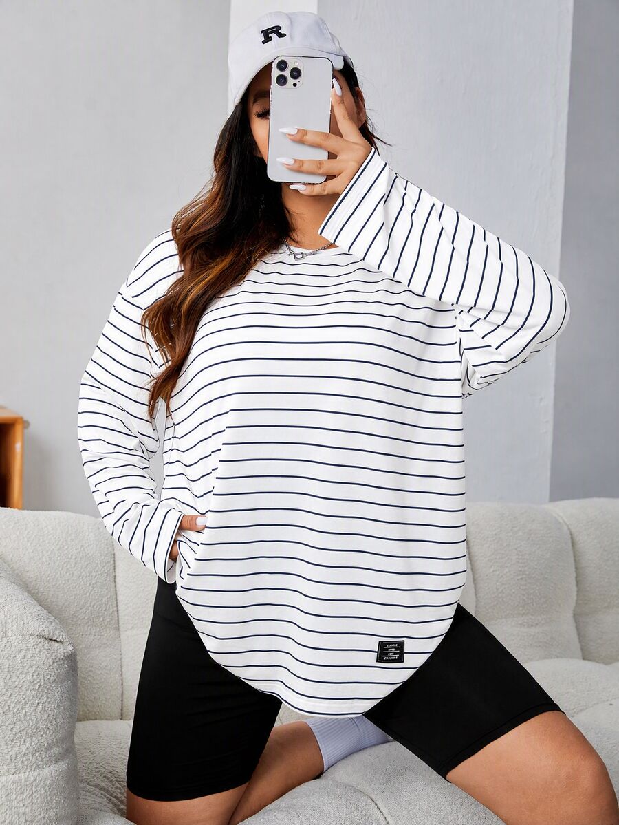 SHEIN EZwear 白色針織條紋圓領長袖T恤 秋季 - 白色 - 查看 1