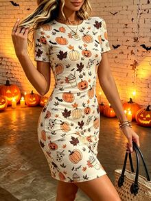 Selamara Gaun Midi Motif & Kelelawar Halloween, Leher Bulat Kasual Lengan Pendek, Gaun Panjang Bermotif Unik untuk Pesta Liburan Musim Gugur - MultiWarna - View 4