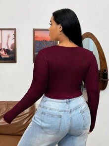 SHEIN EZwear Women's Solid Color Ruched Fitted Versatile Long Sleeve T-Shirt For Daily Wear - Burgundy - View 2
