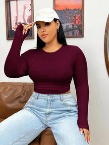 SHEIN EZwear Women's Solid Color Ruched Fitted Versatile Long Sleeve T-Shirt For Daily Wear - Burgundy - View 3