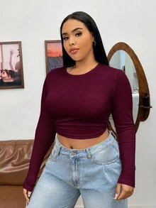 SHEIN EZwear Women's Solid Color Ruched Fitted Versatile Long Sleeve T-Shirt For Daily Wear - Burgundy - View 5