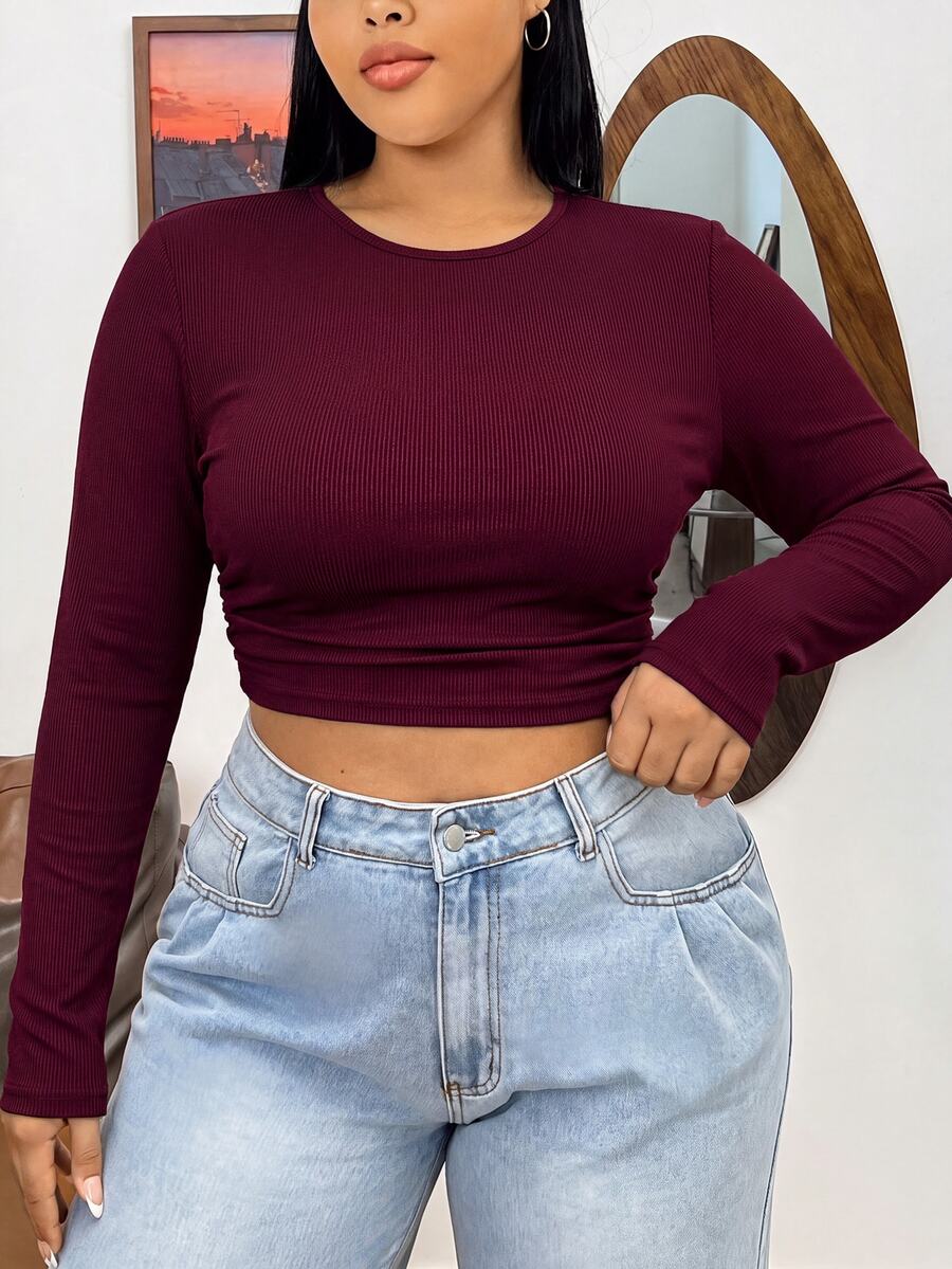 SHEIN EZwear Women's Solid Color Ruched Fitted Versatile Long Sleeve T-Shirt For Daily Wear - Burgundy - View 1