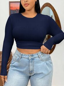 SHEIN EZwear 海軍藍羅紋針織修身女款T恤 - 藏蓝色 - 查看 1