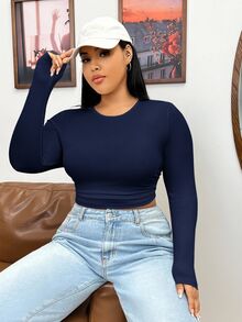 SHEIN EZwear 海軍藍羅紋針織修身女款T恤 - 藏蓝色 - 查看 6