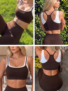 Fluxe Setelan Olahraga Wanita Atasan Tank Pendek dan Legging dengan Kombinasi Warna - Coffee Brown - View 5