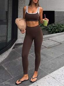 Fluxe Setelan Olahraga Wanita Atasan Tank Pendek dan Legging dengan Kombinasi Warna - Coffee Brown - View 7
