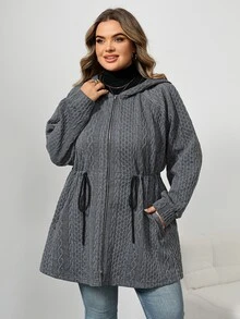 SHEIN CURVE+ 大尺碼女款連帽夾克外套，附口袋，灰色，休閒寬鬆，適合秋季假期教師穿著 - 灰色 - 查看 7